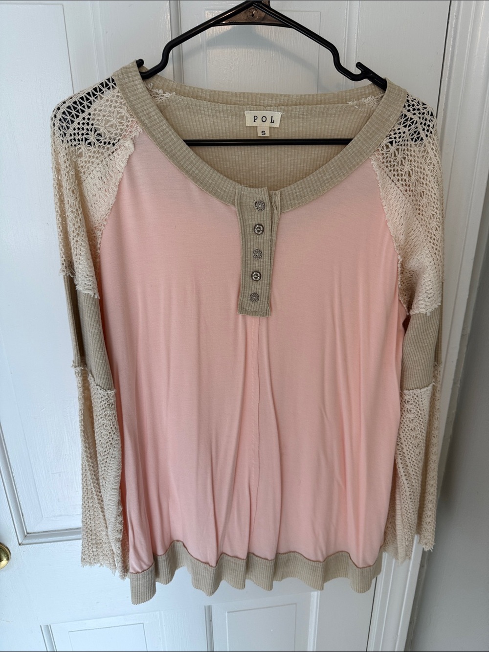POL Beige Trim Pink Crochet-Sleeve Henley
